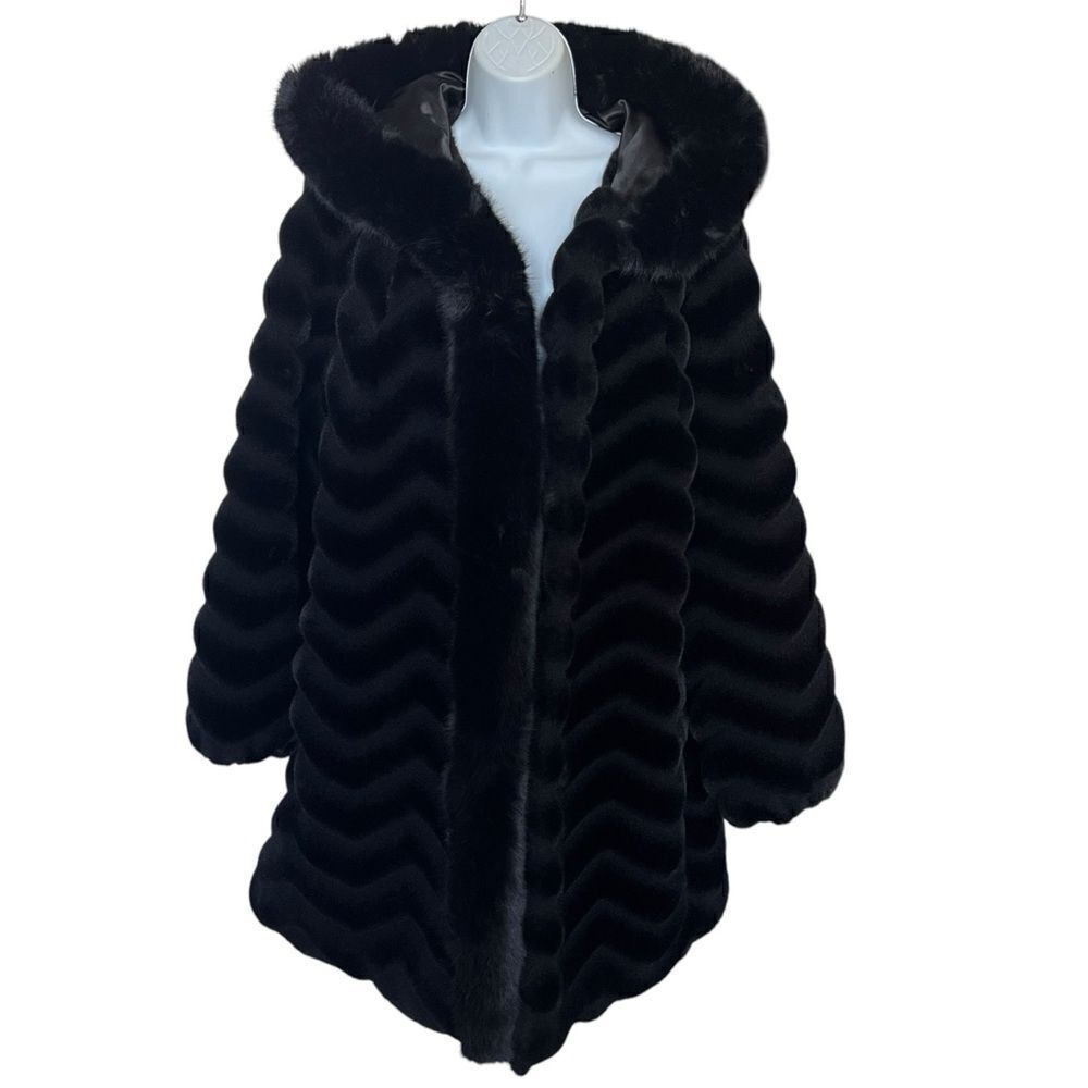 GALLERY Hooded Faux Fur Coat Black Size 1X